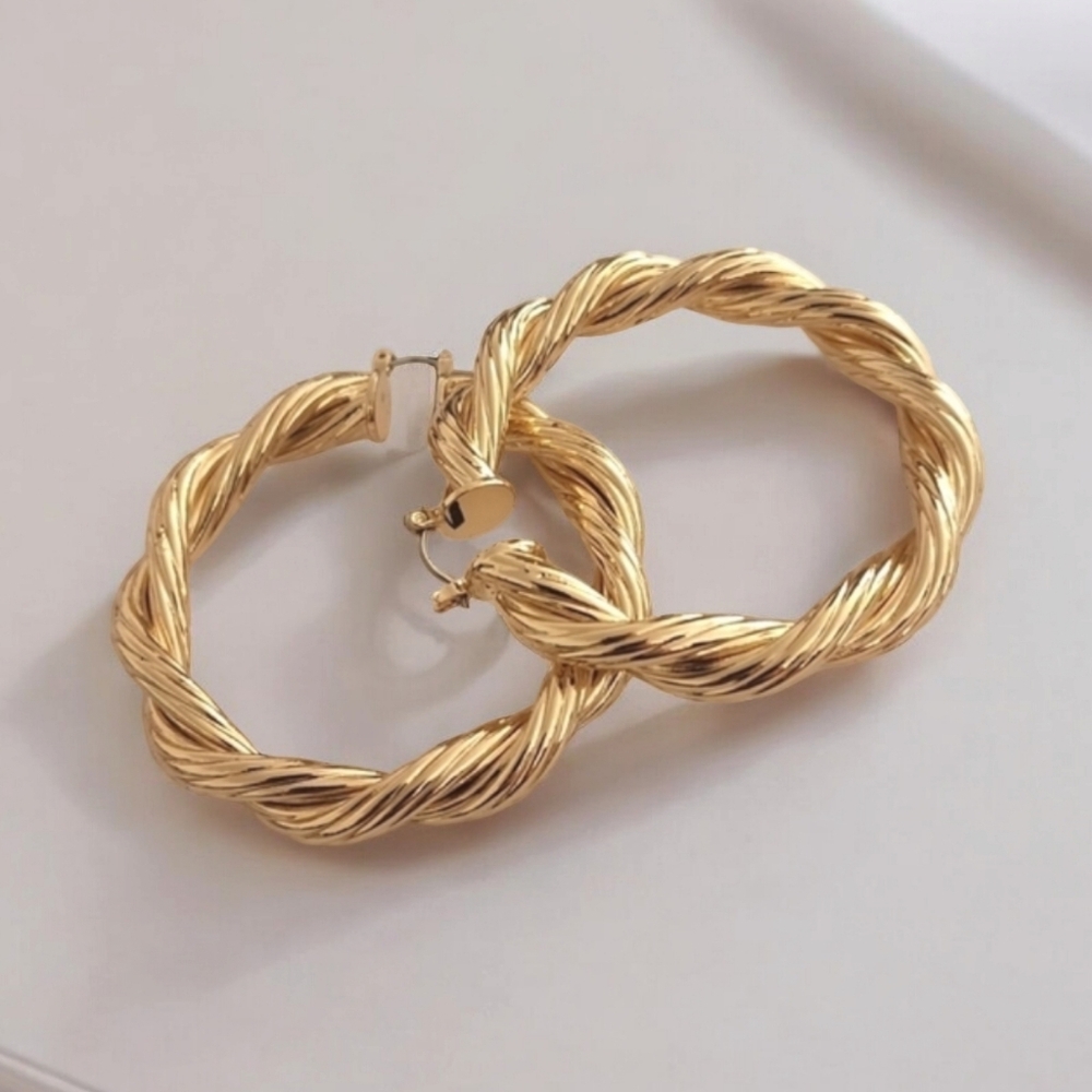 GOLD HOOP Earrings Twisted Chunky Thick Y2K Statement Hip Hop Hoops - Picture 2 of 16